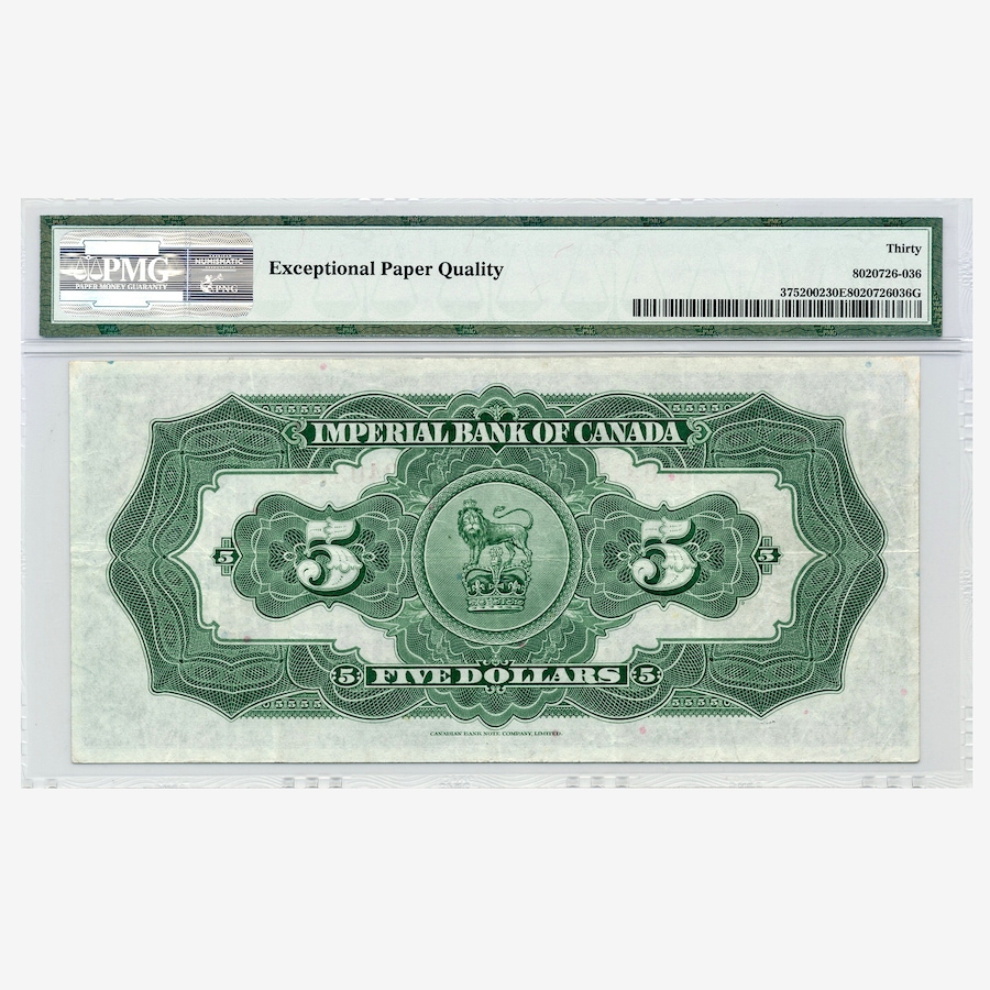 Image 734831_ALTMORE1.jpg, Product 734-831 / Price $895.00, 1933 $5 Imperial Bank of Canada, PMG Certified Choice Very Fine 30 from Canadian Coin & Currency on TSC.ca's Coins department