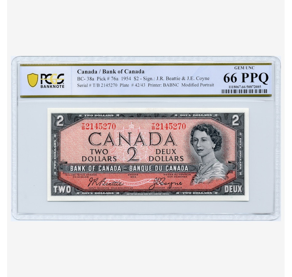 Image 734832.jpg, Product 734-832 / Price $195.00, Bank of Canada 1954 $2 Issue Beattie, Coyne Signature, PCGS Certified GEM Uncirculated 66 from Canadian Coin & Currency on TSC.ca's Coins department