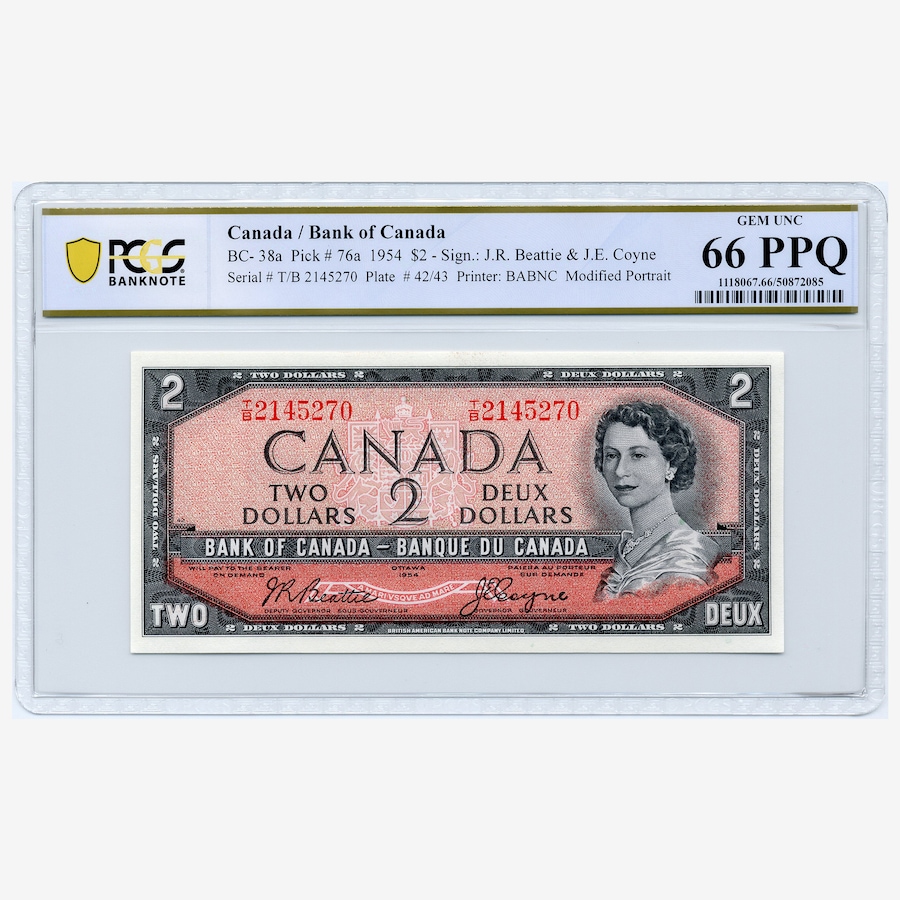 Image 734832.jpg, Product 734-832 / Price $195.00, Bank of Canada 1954 $2 Issue Beattie, Coyne Signature, PCGS Certified GEM Uncirculated 66 from Canadian Coin & Currency on TSC.ca's Coins department