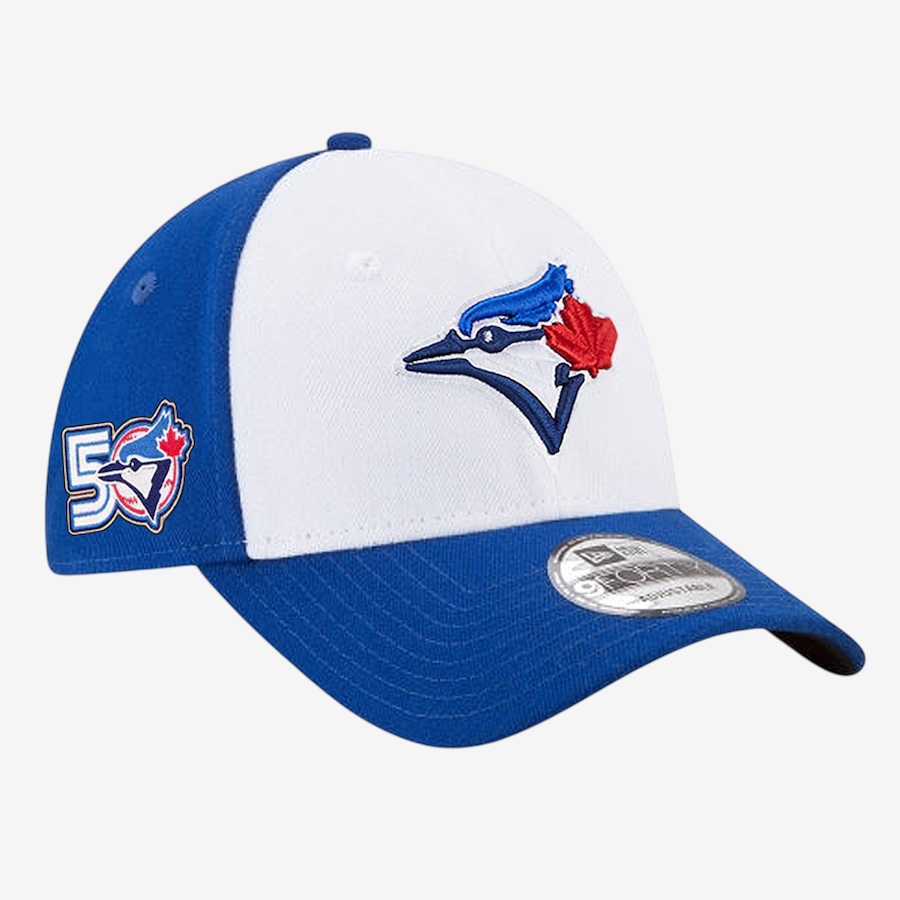 Image 734854.jpg, Product 734-854 / Price $52.99, Men's Toronto Blue Jays New Era 50th Season Side Patch 9FORTY Adjustable Velcro Hat (white/blue) from New Era on TSC.ca's Sports department