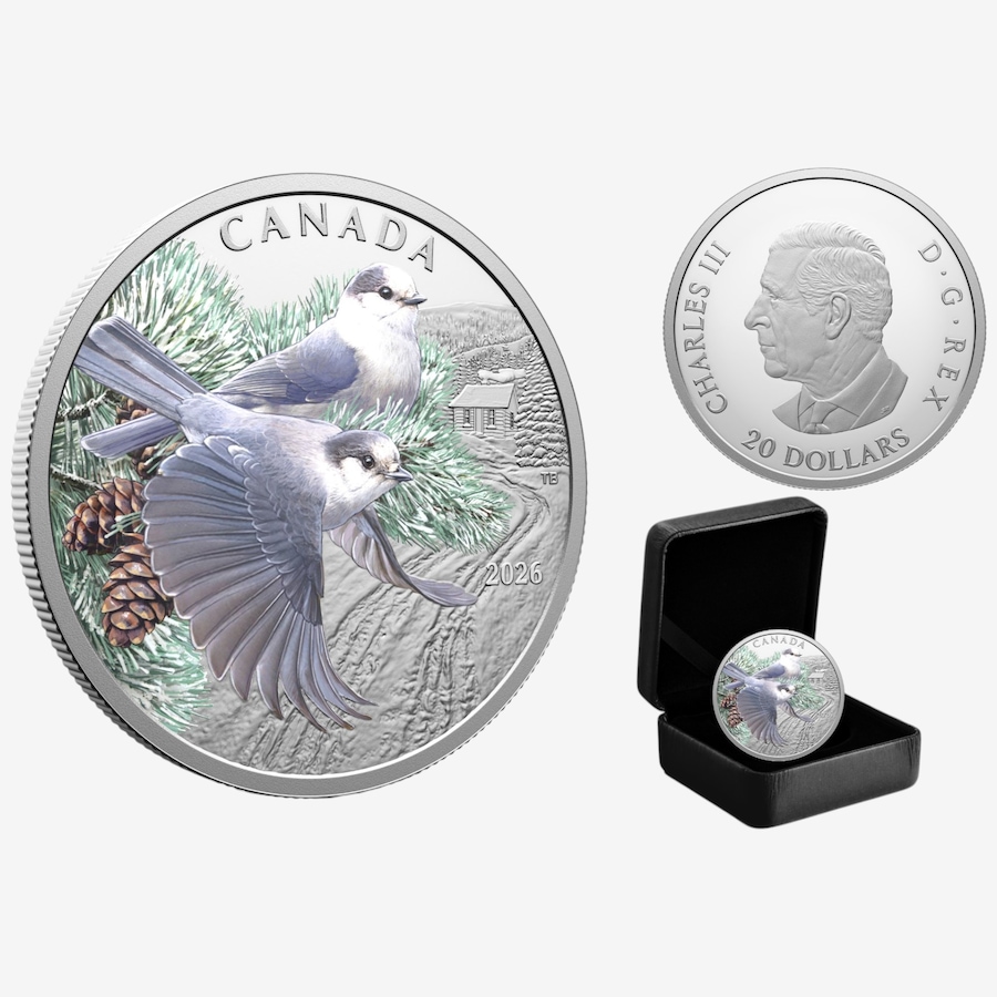 Image 734978.jpg, Product 734-978 / Price $229.95, 2026 $20 Canada Jays Fine Silver Coin from Royal Canadian Mint (RCM) on TSC.ca's Coins department