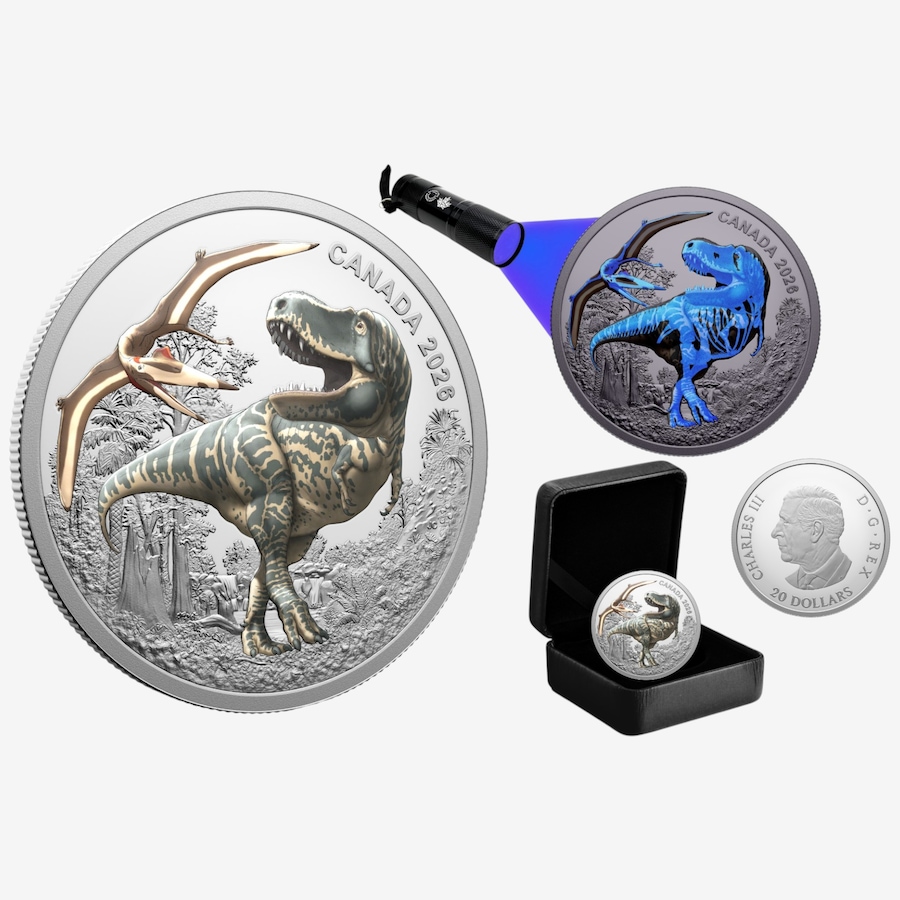 Image 734979.jpg, Product 734-979 / Price $239.95, 2026 $20 T. Rex Glow Dinosaur Fine Silver Coin  from Royal Canadian Mint (RCM) on TSC.ca's Coins department