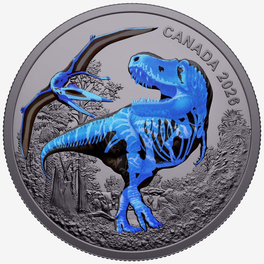 Image 734979_ALTMORE1.jpg, Product 734-979 / Price $239.95, 2026 $20 T. Rex Glow Dinosaur Fine Silver Coin  from Royal Canadian Mint (RCM) on TSC.ca's Coins department