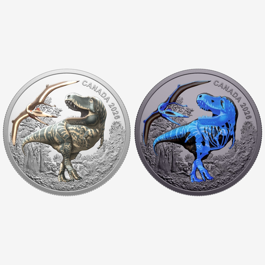 Image 734979_ALTMORE3.jpg, Product 734-979 / Price $239.95, 2026 $20 T. Rex Glow Dinosaur Fine Silver Coin  from Royal Canadian Mint (RCM) on TSC.ca's Coins department