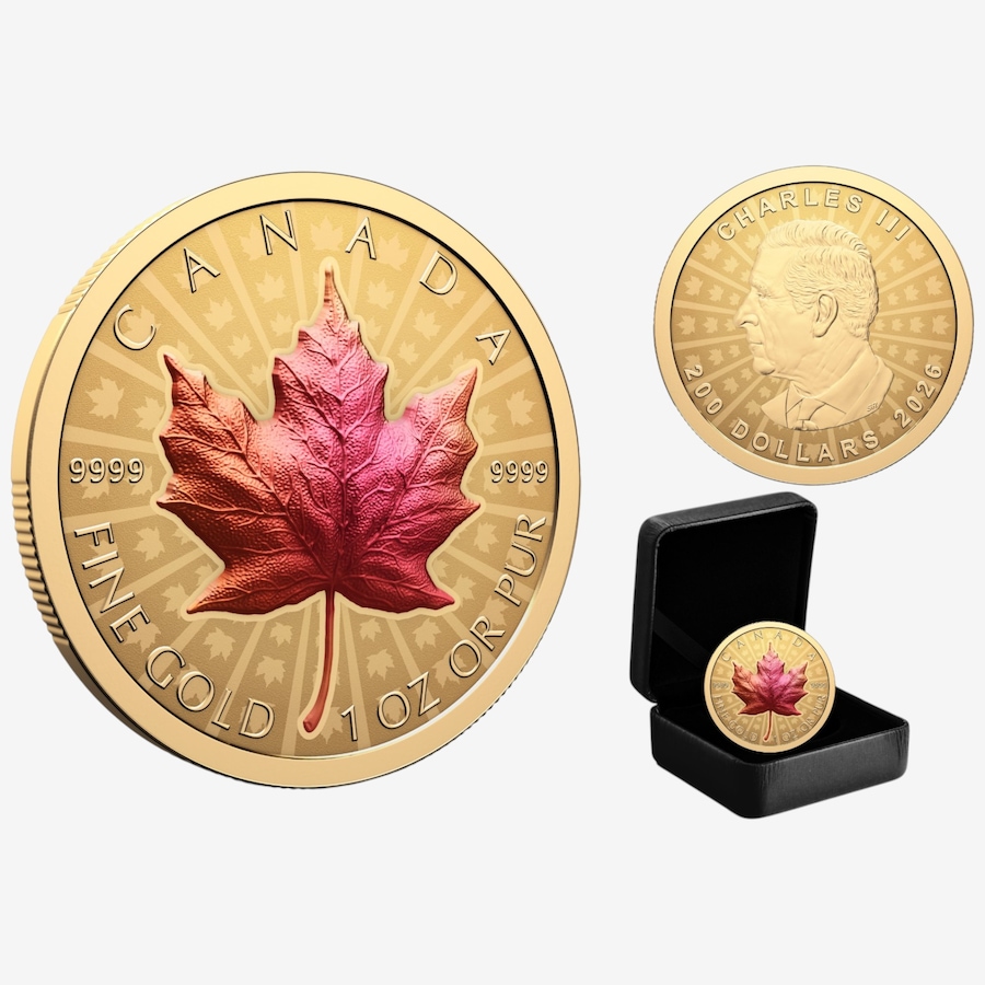 Image 734981.jpg, Product 734-981 / Price $8,799.00, 2026 $200 Ultra High Relief fine Gold Maple Leaf Coin from Royal Canadian Mint (RCM) on TSC.ca's Coins department