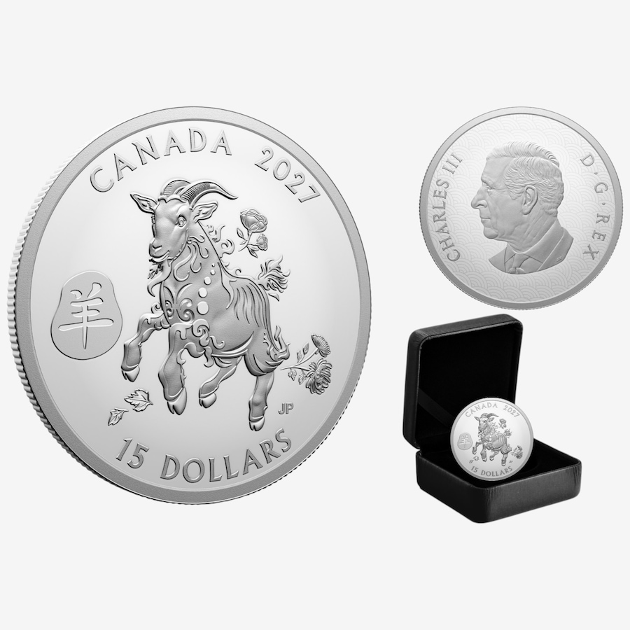 Image 734982.jpg, Product 734-982 / Price $238.88, 2027 $15 Year of the Goat Fine Silver Coin from Royal Canadian Mint (RCM) on TSC.ca's Coins department