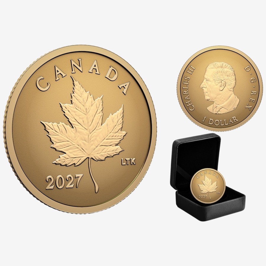 Image 734983.jpg, Product 734-983 / Price $199.95, 2027 Pure Gold Iconic Maple Leaf Dollar Coin from Royal Canadian Mint (RCM) on TSC.ca's Coins department