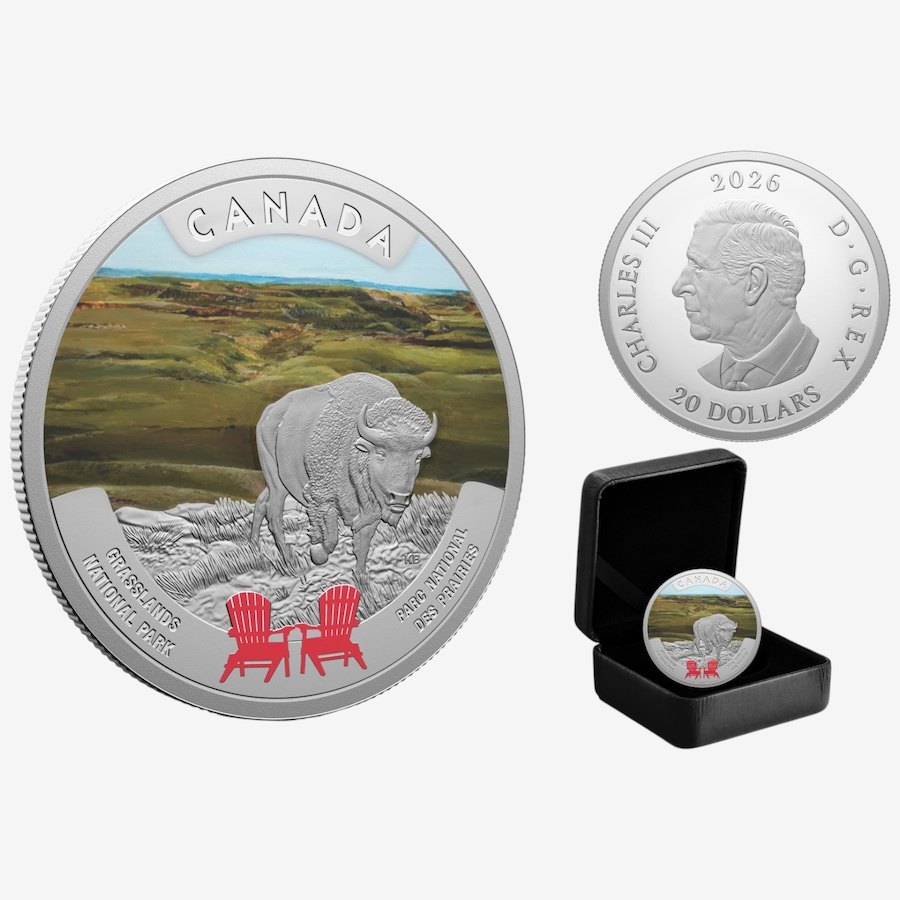 Image 734985.jpg, Product 734-985 / Price $279.95, 2026 $20 Grasslands National Park Coin from Royal Canadian Mint (RCM) on TSC.ca's Coins department