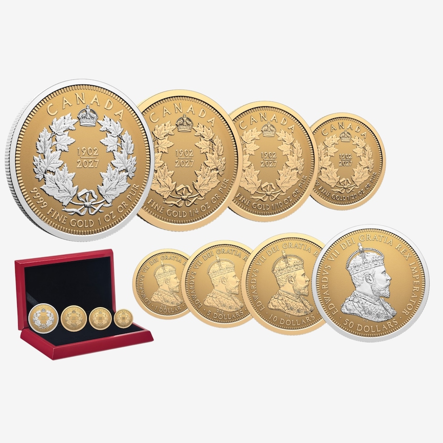 Image 734986.jpg, Product 734-986 / Price $11,199.00, 1902-2027 Fine Gold 4 Coin Set – Edward VII, Plus Free Bonus from Royal Canadian Mint (RCM) on TSC.ca's Coins department