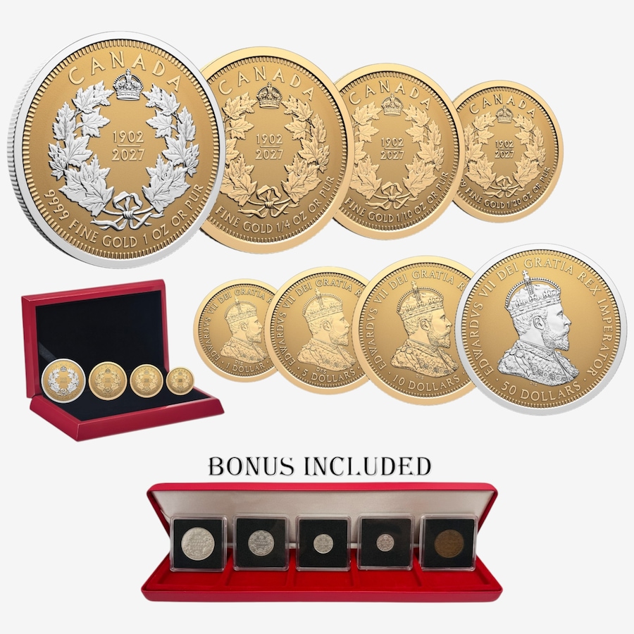 Image 734986_ALTMORE1.jpg, Product 734-986 / Price $11,199.00, 1902-2027 Fine Gold 4 Coin Set – Edward VII, Plus Free Bonus from Royal Canadian Mint (RCM) on TSC.ca's Coins department
