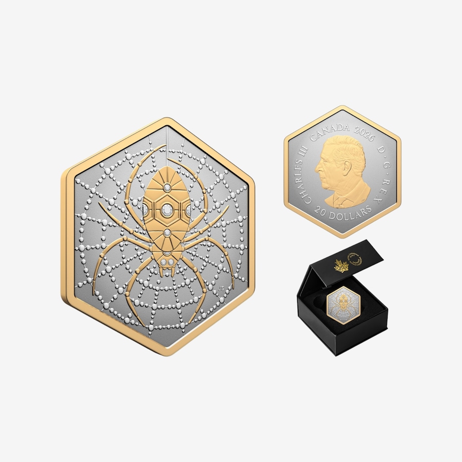 Image 735057.jpg, Product 735-057 / Price $239.95, 2026 $20 Hexagonal Spider Fine Silver Coin Nature’s Delight from Royal Canadian Mint (RCM) on TSC.ca's Coins department