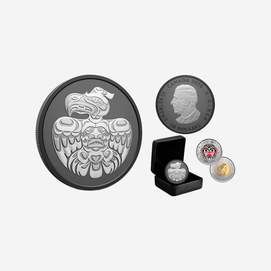 Image 735058.jpg, Product 735-058 / Price $234.95, 2026 $20 The Eagle One-Ounce Fine Silver Coin Plus Exclusive Bonus Bill Reid Coloured $2 Coin from Royal Canadian Mint (RCM) on TSC.ca's Coins department