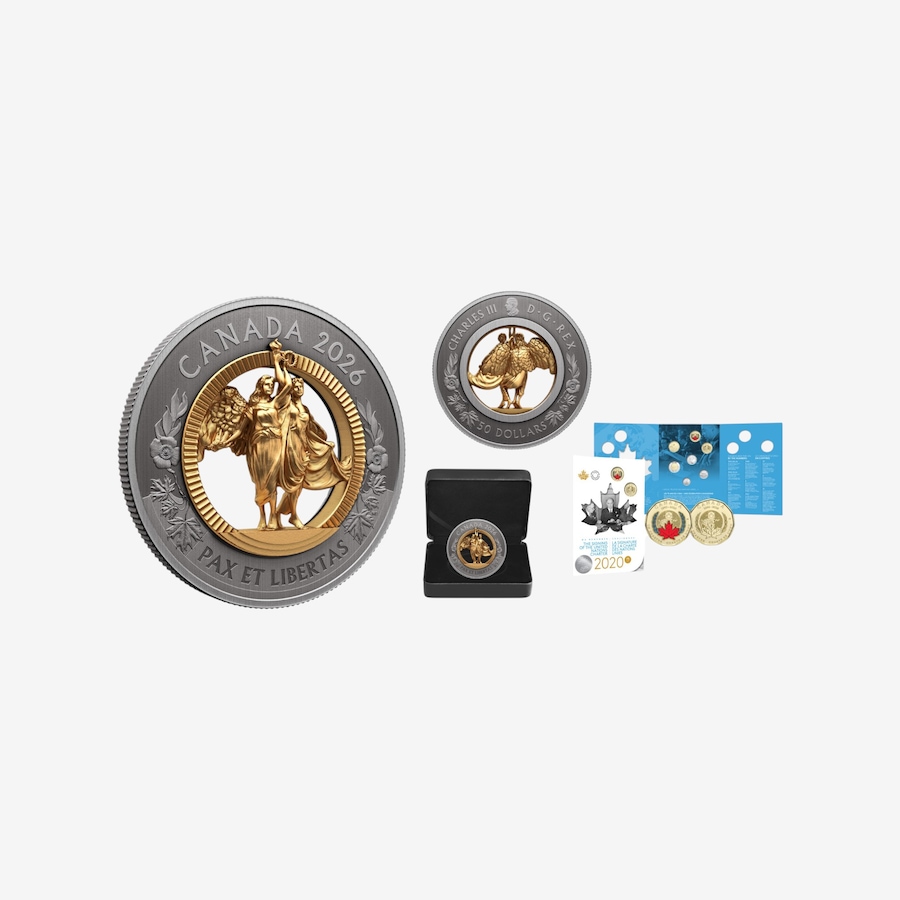 Image 735059.jpg, Product 735-059 / Price $1,239.95, 2026 $50 Allegory of Peace and Freedom Fine Silver Coin Plus Bonus 2020 UN Charter Keepsake Coin Set from Royal Canadian Mint (RCM) on TSC.ca's Coins department