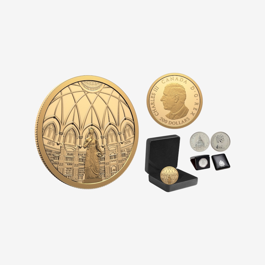 Image 735060.jpg, Product 735-060 / Price $4,109.00, 2026 $200 Library of Parliament 150th Anniversary Half-Ounce Pure Gold Coin Plus Bonus 1976 Proof Silver Dollar from Royal Canadian Mint (RCM) on TSC.ca's Coins department