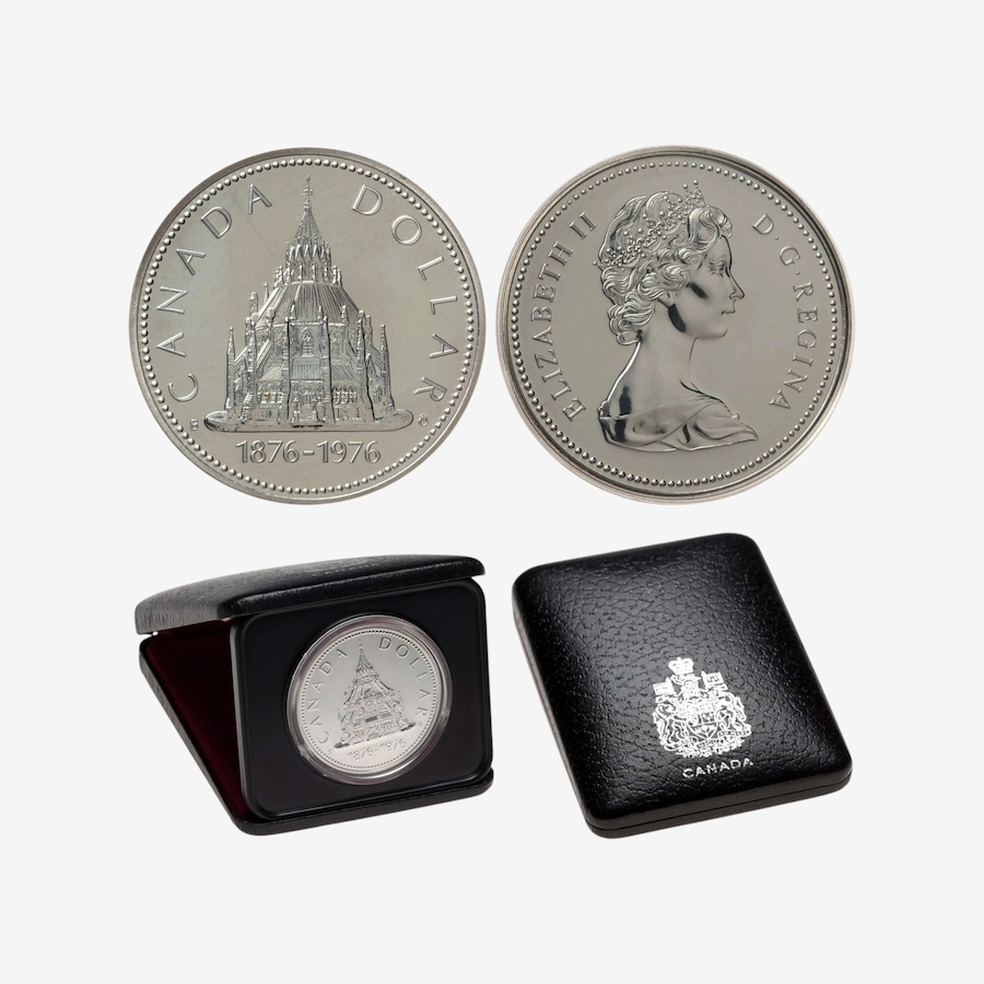 Image 735060_ALTMORE2.jpg, Product 735-060 / Price $4,109.00, 2026 $200 Library of Parliament 150th Anniversary Half-Ounce Pure Gold Coin Plus Bonus 1976 Proof Silver Dollar from Royal Canadian Mint (RCM) on TSC.ca's Coins department