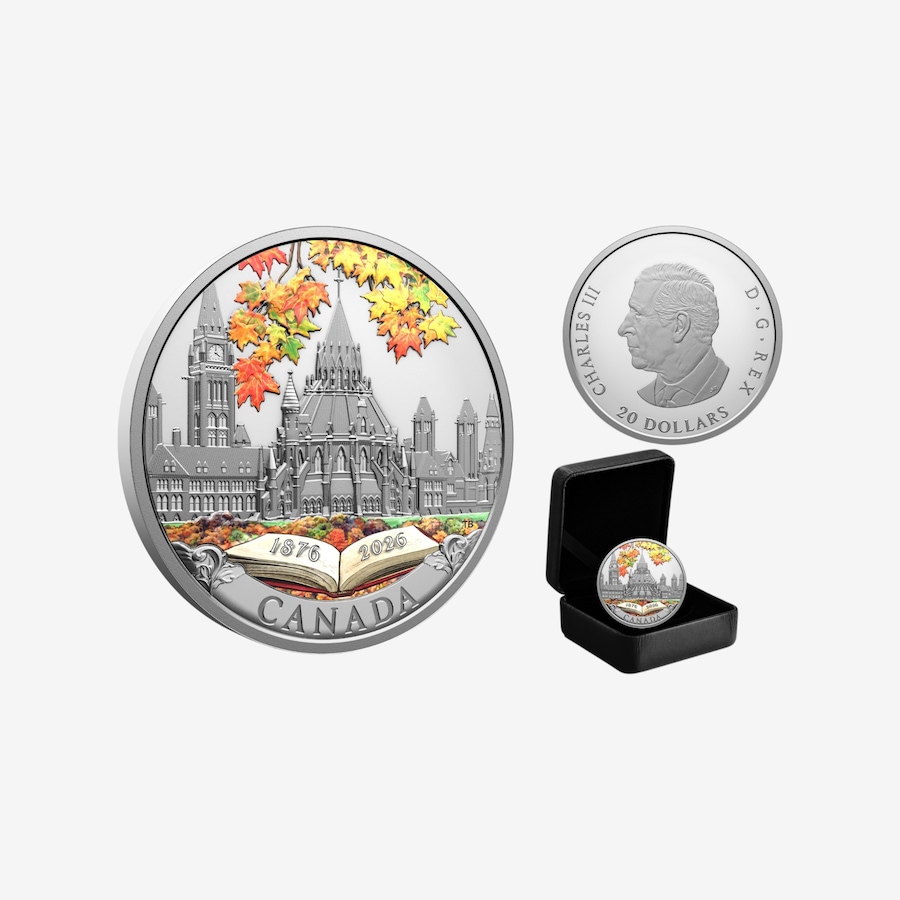 Image 735061.jpg, Product 735-061 / Price $249.95, 2026 $20 Library of Parliament 150th Anniversary One-Ounce Fine Silver Coin from Royal Canadian Mint (RCM) on TSC.ca's Coins department
