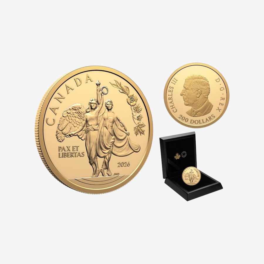 Image 735062.jpg, Product 735-062 / Price $8,259.00, 2026 $200 Allegory of Peace and Freedom One-Ounce Fine Gold Coin from Royal Canadian Mint (RCM) on TSC.ca's Coins department