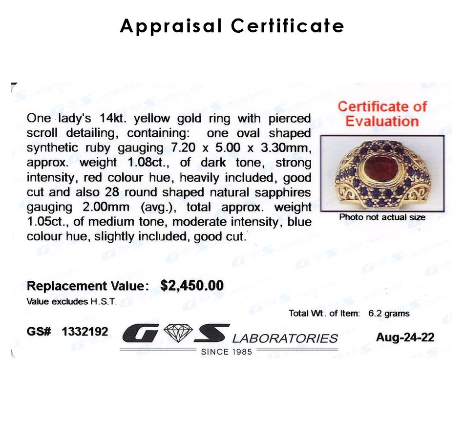 Image 736047_ALTMORE3.jpg, Product 736-047 / Price $1,495.00, Estate Originals 14K Yellow Gold Synthetic Ruby and Sapphire Scrolled Dome Ring from Estate Originals on TSC.ca's Jewellery department