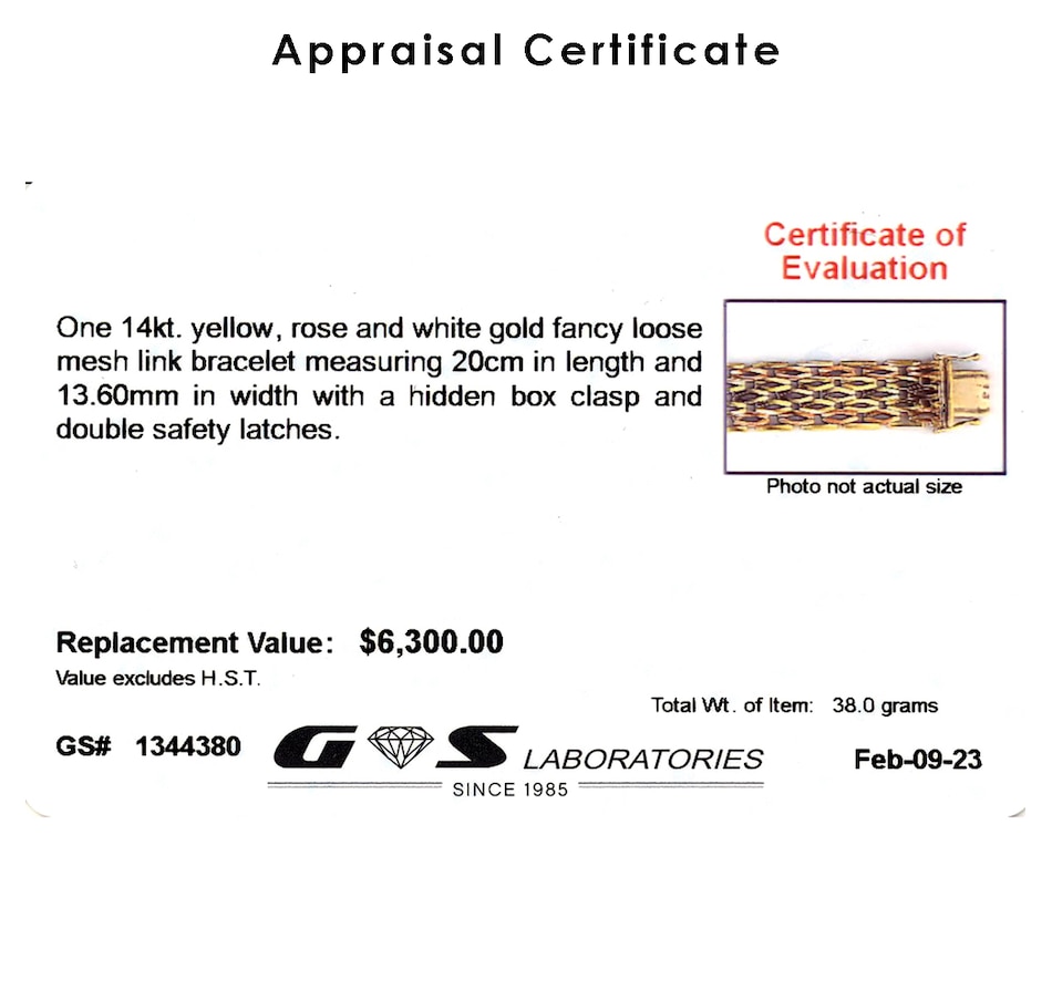Image 736059_ALTMORE3.jpg, Product 736-059 / Price $3,695.00, Estate Originals 14K Yellow, Rose and White Gold Fancy Loose Mesh Link Bracelet from Estate Originals on TSC.ca's Jewellery department