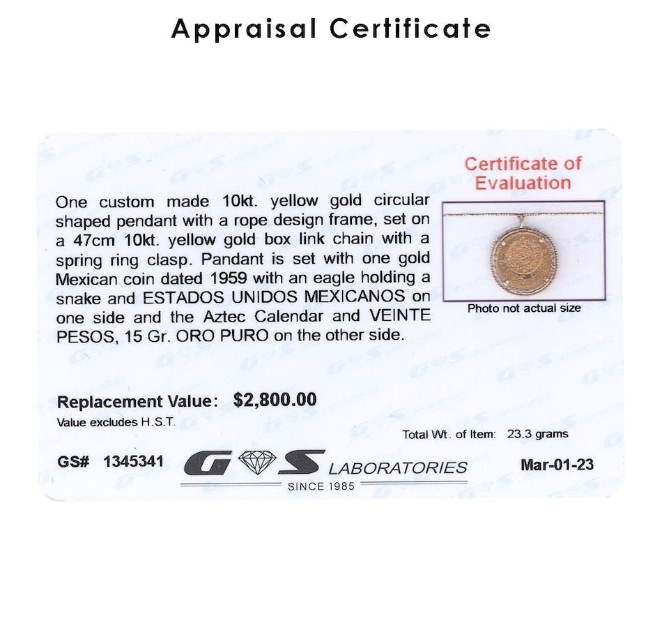 Image 736086_ALTMORE3.jpg, Product 736-086 / Price $2,495.00, Estate Originals 22K 20 Peso Coin Pendant with a Custom Made 10K Yellow Gold Setting and Chain from Estate Originals on TSC.ca's Jewellery department