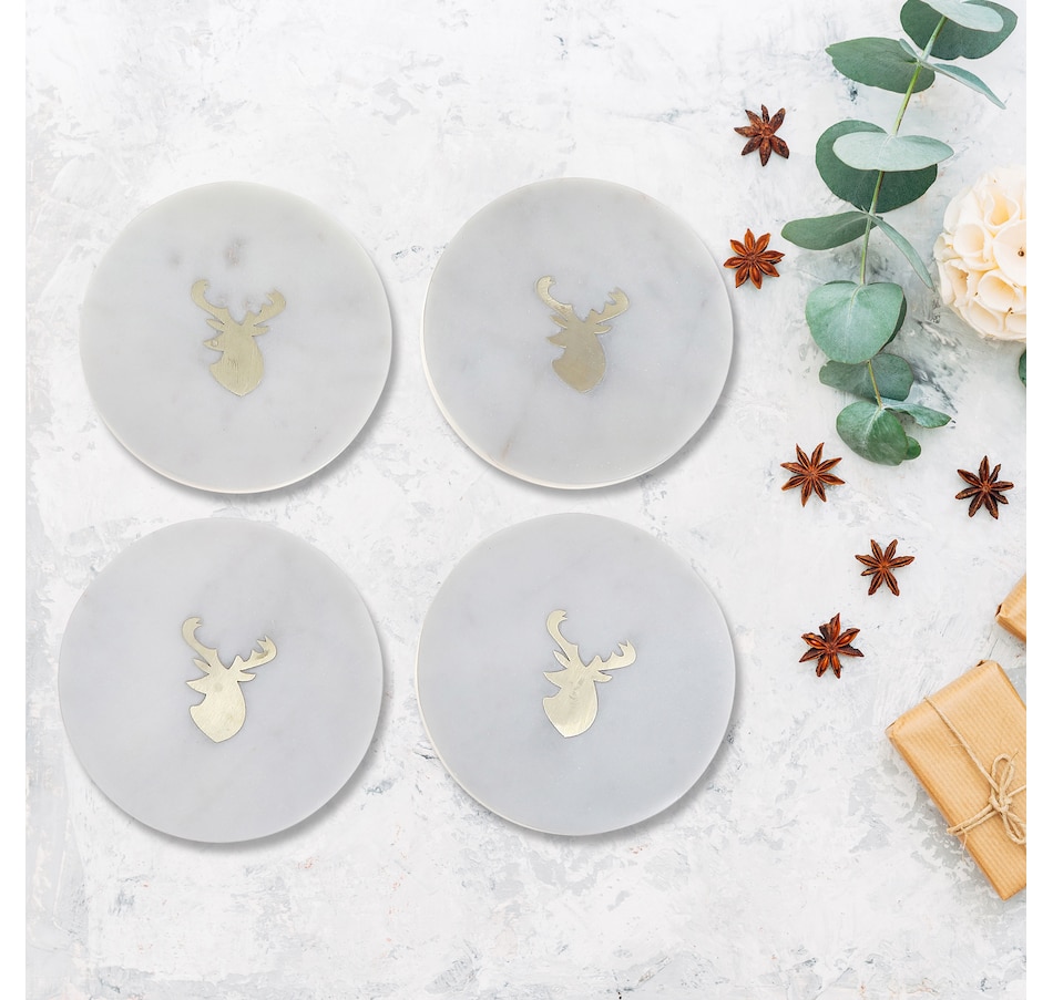 Image 736691_ALTMORE1.jpg, Product 736-691 / Price $29.99, IH Casa Décor White Marble Round Coaster with Deer Head Brass Inlay (4" x 4", set of 4) from IH Casa Decor on TSC.ca's Kitchen department