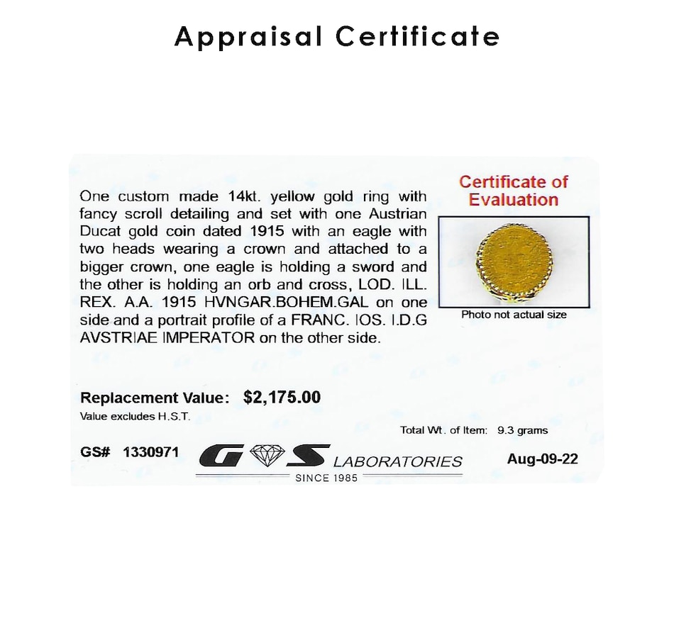 Image 737263_ALTMORE3.jpg, Product 737-263 / Price $1,495.00, 24K Austrian Ducat Coin Ring with a Custom Made 14K Yellow Gold Setting from Estate Originals on TSC.ca's Jewellery department