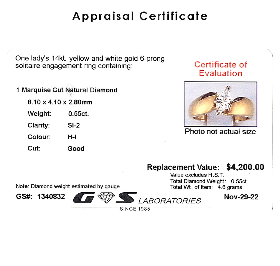 Image 737271_ALTMORE3.jpg, Product 737-271 / Price $2,295.00, 14K Yellow and White Gold .55 Carat Marquise Diamond Ring from Estate Originals on TSC.ca's Jewellery department