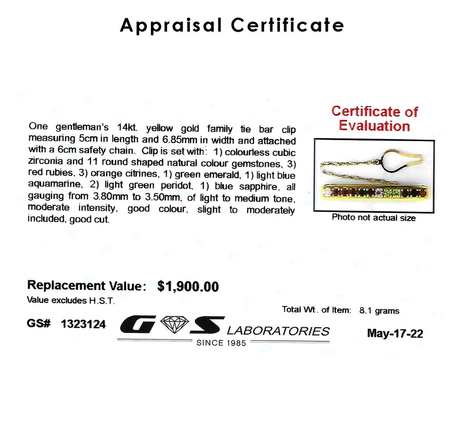 Image 737288_ALTMORE2.jpg, Product 737-288 / Price $1,295.00, 14K Yellow Gold Multi-Gemstone Tie Bar from Estate Originals on TSC.ca's Jewellery department