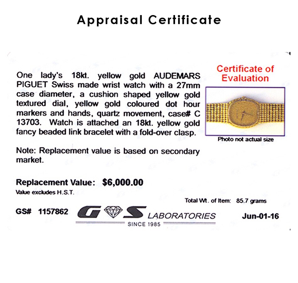 Image 737314_ALTMORE2.jpg, Product 737-314 / Price $5,895.00, Estate Originals Lady's 18K Yellow Gold AUDEMARS PIGUET Swiss Made Wristwatch from Estate Originals on TSC.ca's Jewellery department
