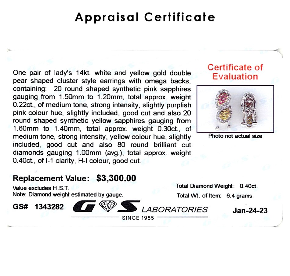 Image 737327_ALTMORE2.jpg, Product 737-327 / Price $1,650.00, Estate Originals 14K White and Yellow Gold Synthetic Pink and Yellow Sapphire Pear Shaped Earrings with Diamonds from Estate Originals on TSC.ca's Jewellery department