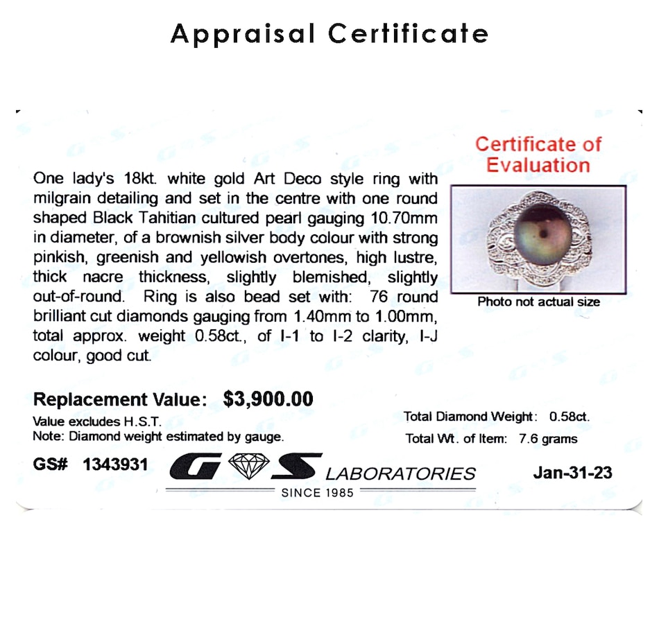 Image 737335_ALTMORE3.jpg, Product 737-335 / Price $2,495.00, Estate Originals 18K White Gold Art Deco Black Tahitian Cultured Pearl and Diamond Ring from Estate Originals on TSC.ca's Jewellery department