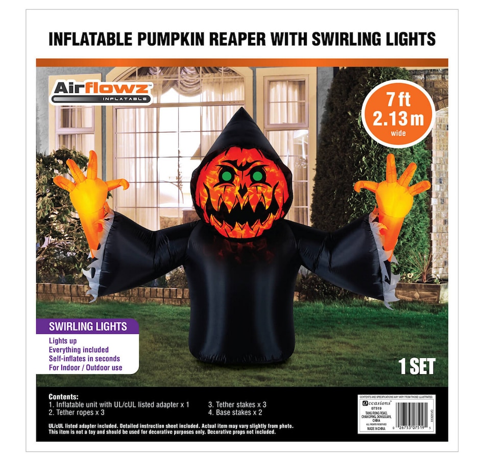 Image 737757_ALTMORE8.jpg, Product 737-757 / Price $84.99, Occasions Halloween 7' Inflatable Pumpkin Reaper with Swirling Lights from Occasions on TSC.ca's Home & Garden department