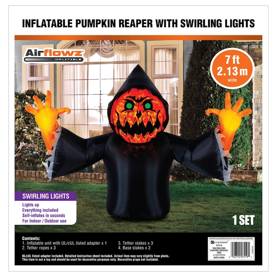 Image 737757_ALTMORE8.jpg, Product 737-757 / Price $99.99, Occasions Halloween 7' Inflatable Pumpkin Reaper with Swirling Lights from Occasions on TSC.ca's Home & Garden department
