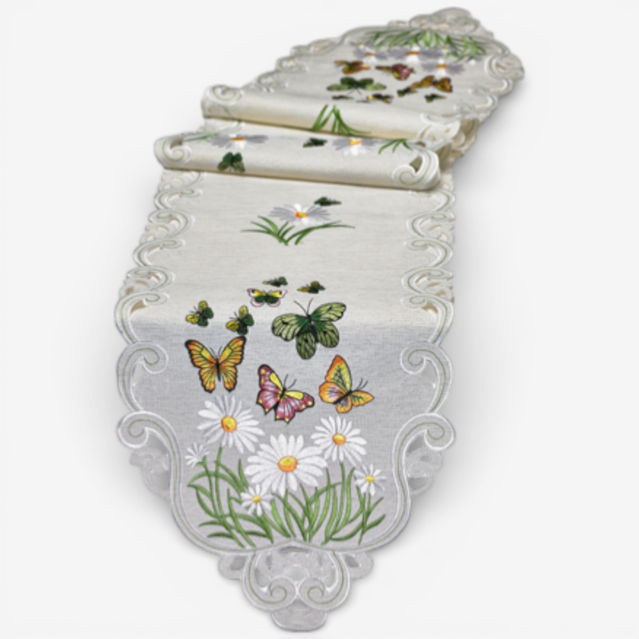 Image 738551.jpg, Product 738-551 / Price $25.99 - $29.99, Mera Linen Butterfly Daisy Scallop Glitter Table Runner from Mera Linens on TSC.ca's Kitchen department