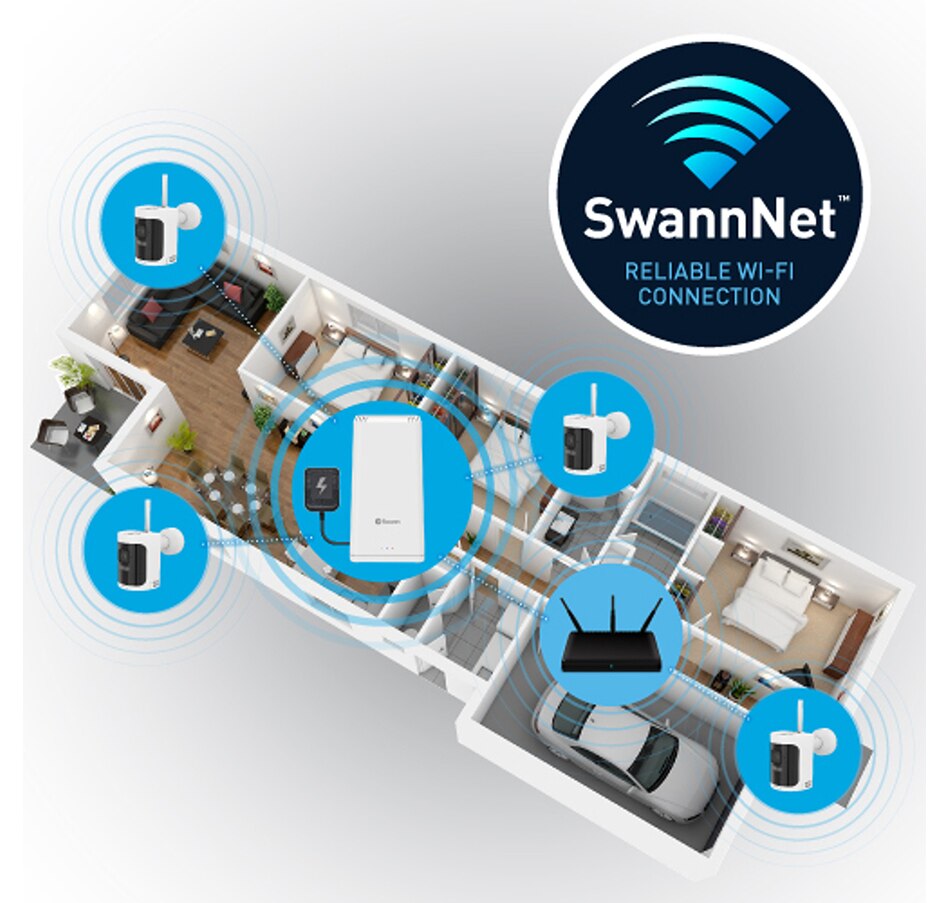 Image 738919_ALTMORE5.jpg, Product 738-919 / Price $949.99, Swann AllSecure650 Wi-Fi NVR PowerHub 2K Wireless Security Kit with 4 Wire-Free Cameras (white) from Swann on TSC.ca's Electronics department