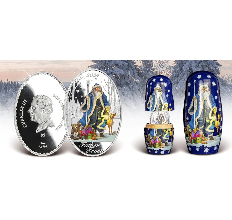 Image 739099.jpg, Product 739-099 / Price $159.95, 2024 Father Frost $5 1-Ounce Fine Silver Coin in Matryoshka Nesting Doll Presentation from The Coin Show with Steven Bromberg on TSC.ca's Coins department