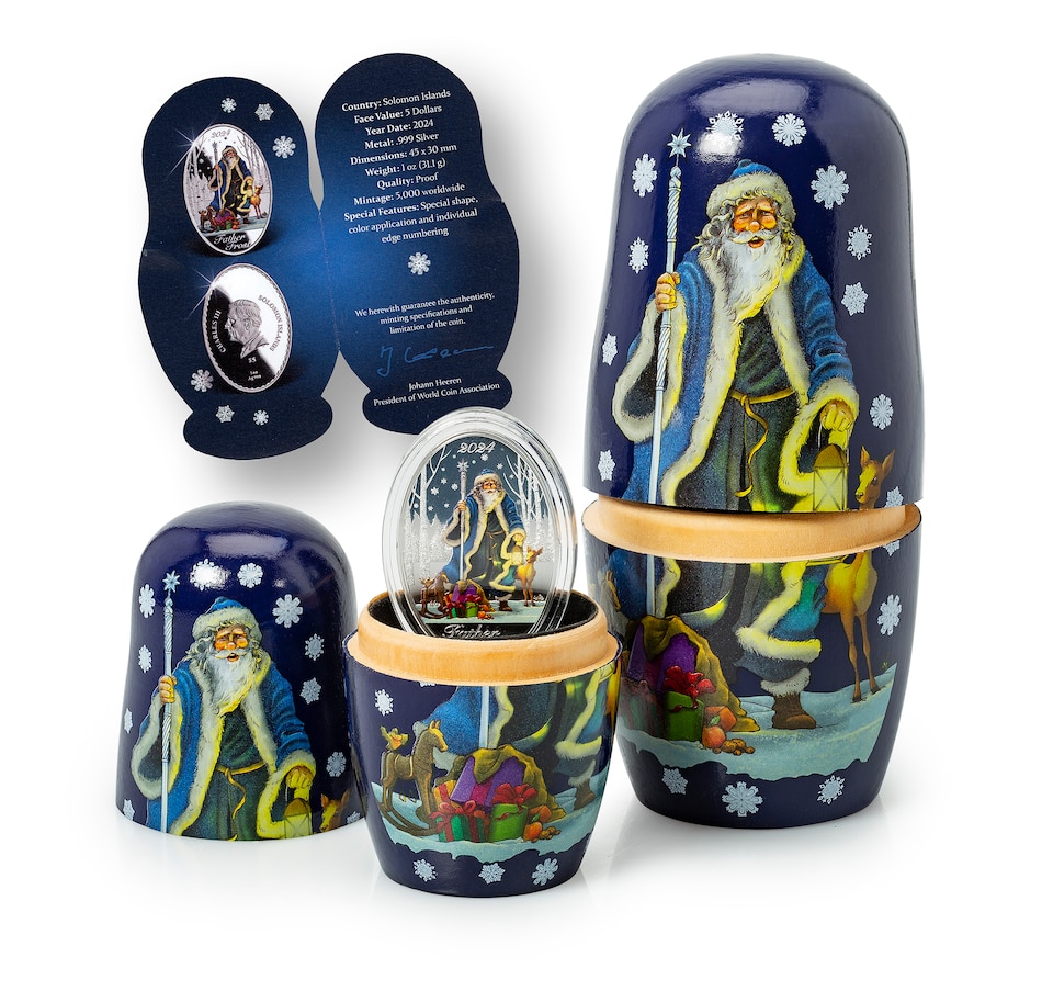 Image 739099_ALTMORE3.jpg, Product 739-099 / Price $159.95, 2024 Father Frost $5 1-Ounce Fine Silver Coin in Matryoshka Nesting Doll Presentation from The Coin Show with Steven Bromberg on TSC.ca's Coins department