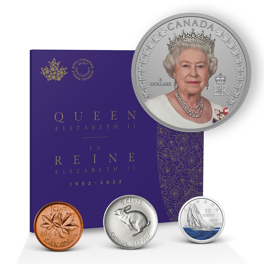 Image 739100.jpg, Product 739-100 / Price $49.95, 2022 $5 Portrait of Queen Elizabeth II Fine Silver Coin plus 3 TSC-Exclusive Bonus Coins from Royal Canadian Mint (RCM) on TSC.ca's Coins department