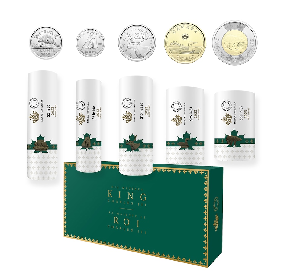 Image 739102.jpg, Product 739-102 / Price $199.95, 2023 First Coins of King Charles III Uncirculated First Strike Roll Set in Original Case (sold out from RCM) from Royal Canadian Mint (RCM) on TSC.ca's Coins department