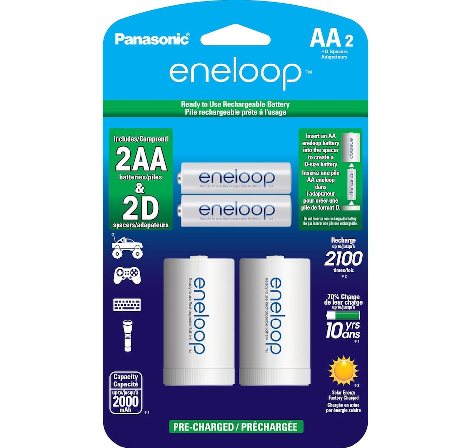 Image 739287.jpg, Product 739-287 / Price $26.99, Panasonic Eneloop AA Pre-Charged Rechargeable Batteries with 2 "D" Spacers (pack of 2) from Panasonic on TSC.ca's Electronics department