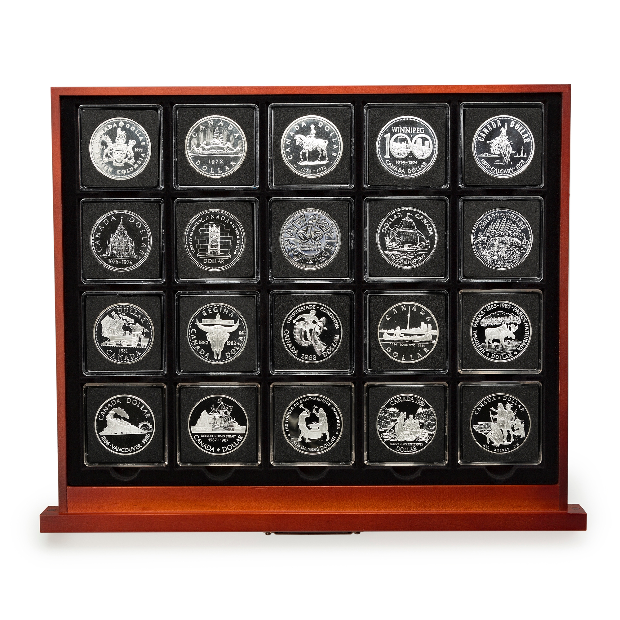20 Piece Proof Silver Dollar Collection 1971-1990 In Mahogany