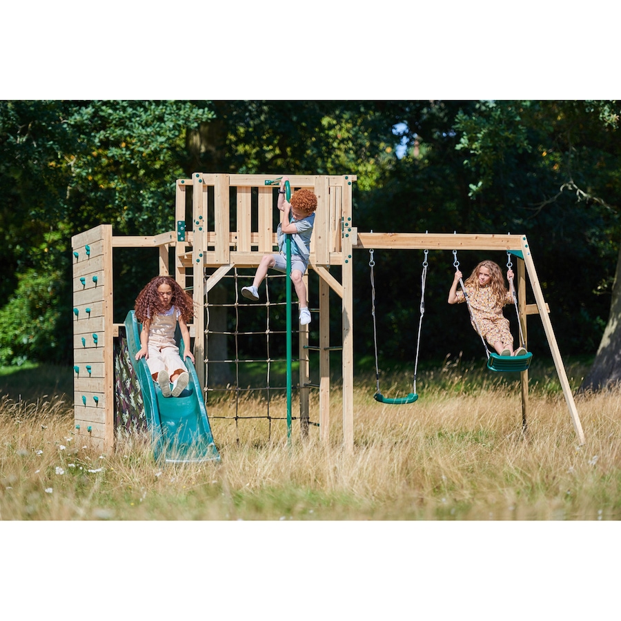 Image 739705_ALTMORE01.jpg, Product 739-705 / Price $2,199.99, Plum Wooden Climbing XL Cube with Swing Arm, Swing Set, Ladders, Rock Wall, Monkey Bars and 8' Wave Slide from Plum on TSC.ca's Home & Garden department