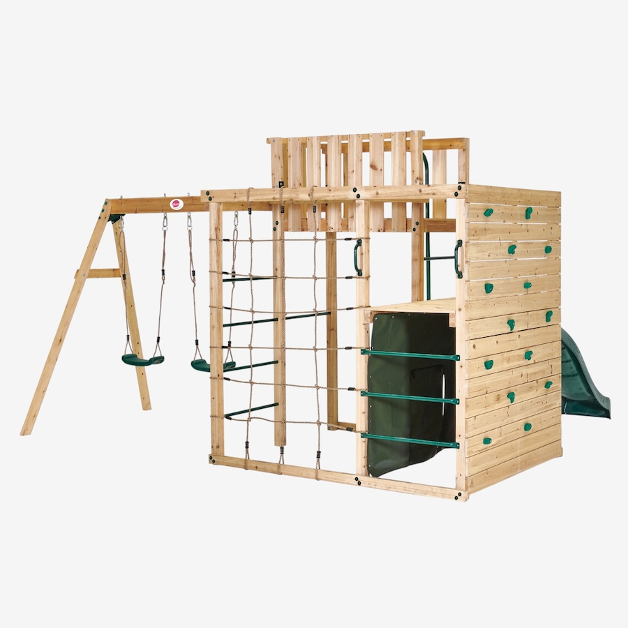 Image 739705_ALTMORE02.jpg, Product 739-705 / Price $2,199.99, Plum Wooden Climbing XL Cube with Swing Arm, Swing Set, Ladders, Rock Wall, Monkey Bars and 8' Wave Slide from Plum on TSC.ca's Home & Garden department