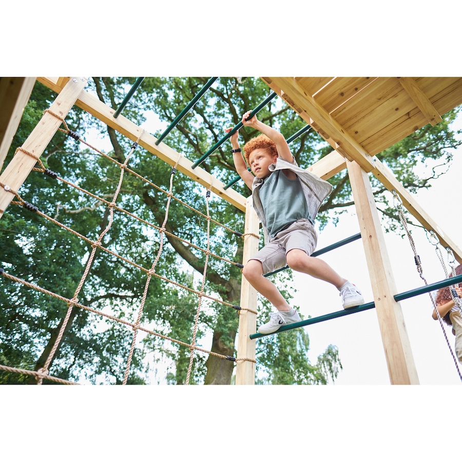 Image 739705_ALTMORE03.jpg, Product 739-705 / Price $2,199.99, Plum Wooden Climbing XL Cube with Swing Arm, Swing Set, Ladders, Rock Wall, Monkey Bars and 8' Wave Slide from Plum on TSC.ca's Home & Garden department