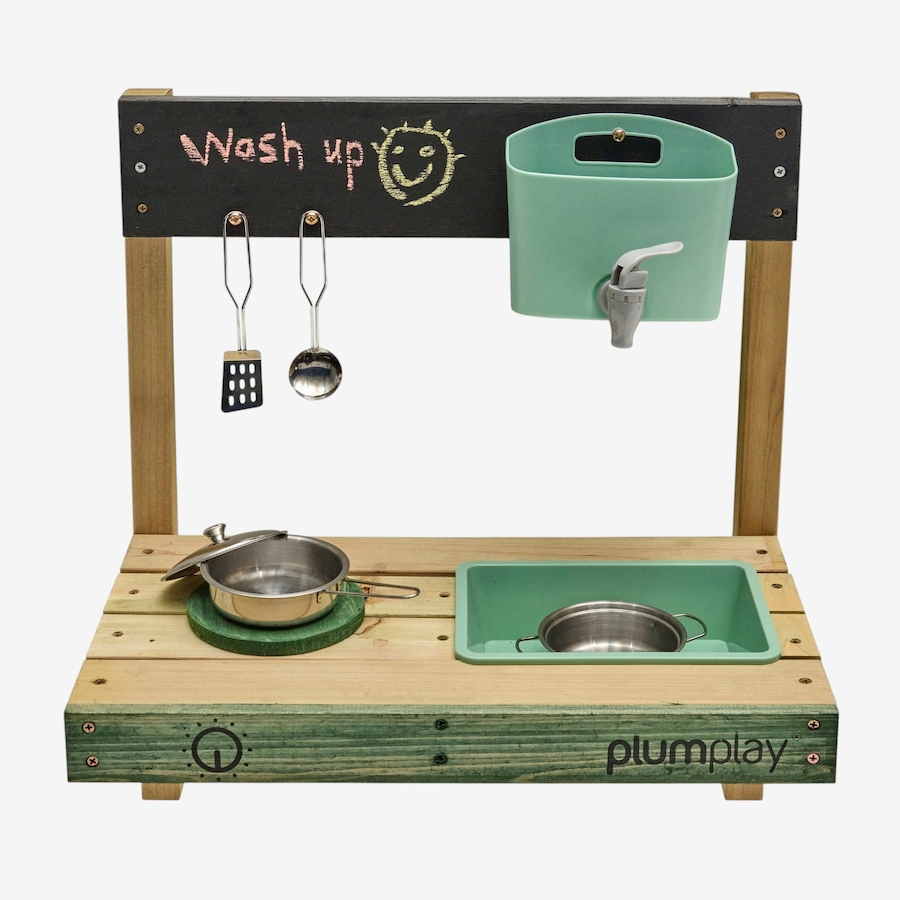 Image 739715.jpg, Product 739-715 / Price $67.99, Plum Splash and Mash Wooden Wall-Mount Mud Kitchen with Water Dispenser, Sink, Chalkboard and Wooden Hob from Plum on TSC.ca's Home & Garden department