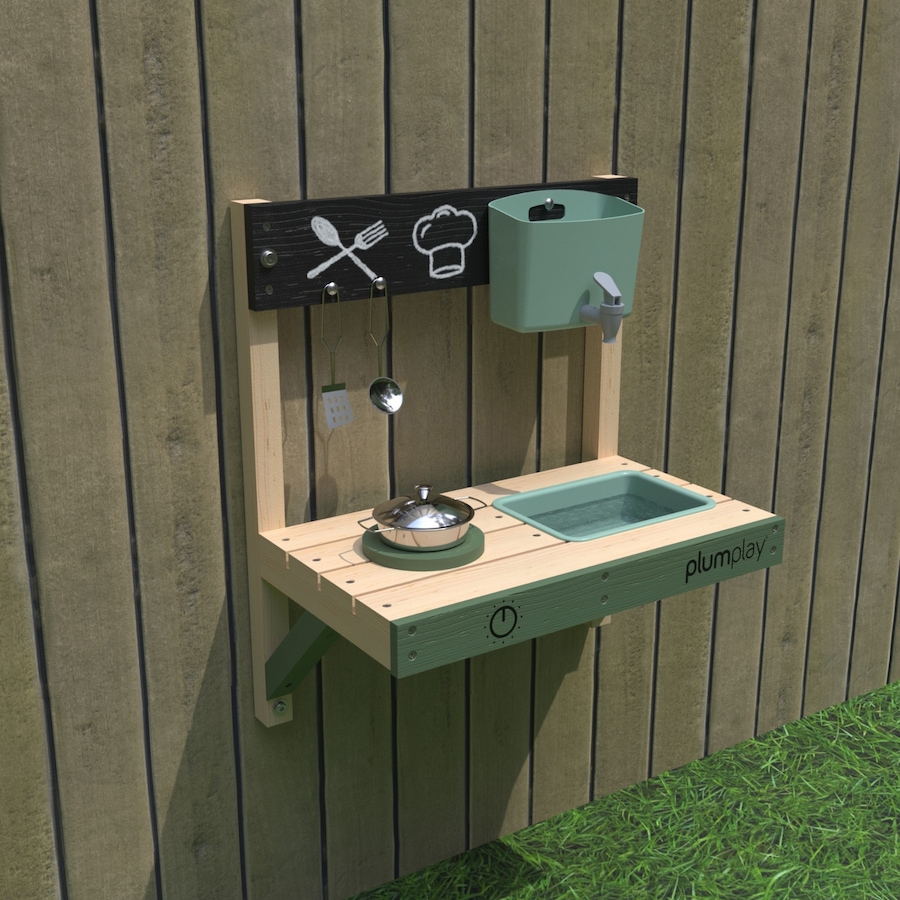 Image 739715_ALTMORE03.jpg, Product 739-715 / Price $67.99, Plum Splash and Mash Wooden Wall-Mount Mud Kitchen with Water Dispenser, Sink, Chalkboard and Wooden Hob from Plum on TSC.ca's Home & Garden department