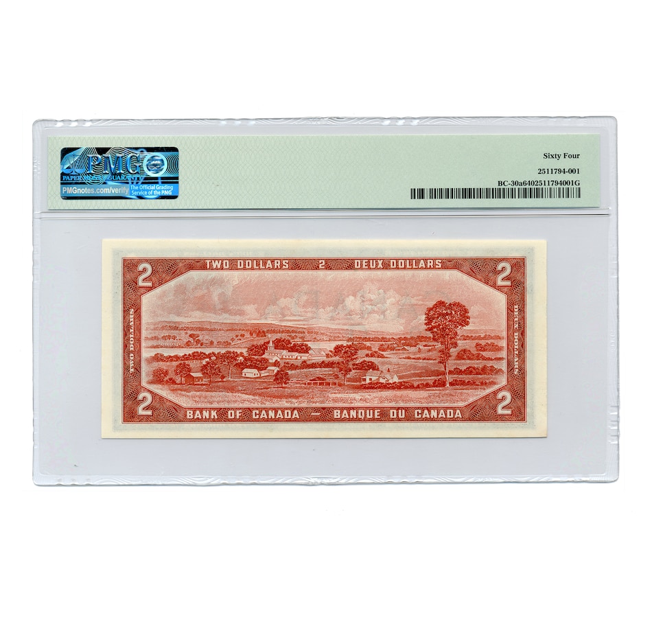 Image 739966_ALTMORE1.jpg, Product 739-966 / Price $529.95, 1954 $2 "Devil's Face" Note PMG Certified Very Choice Uncirculated 64 from Canadian Coin & Currency on TSC.ca's Coins department