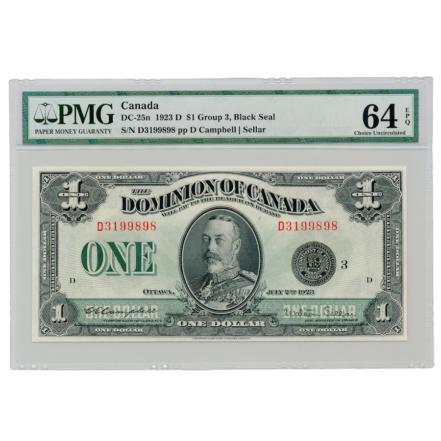 Image 739970.jpg, Product 739-970 / Price $1,695.00, $1 Dominion of Canada 1923 Banknote Campbell/Sellar Issue (Black Seal) PMG Certified Choice Uncirculated 64 from Canadian Coin & Currency on TSC.ca's Coins department