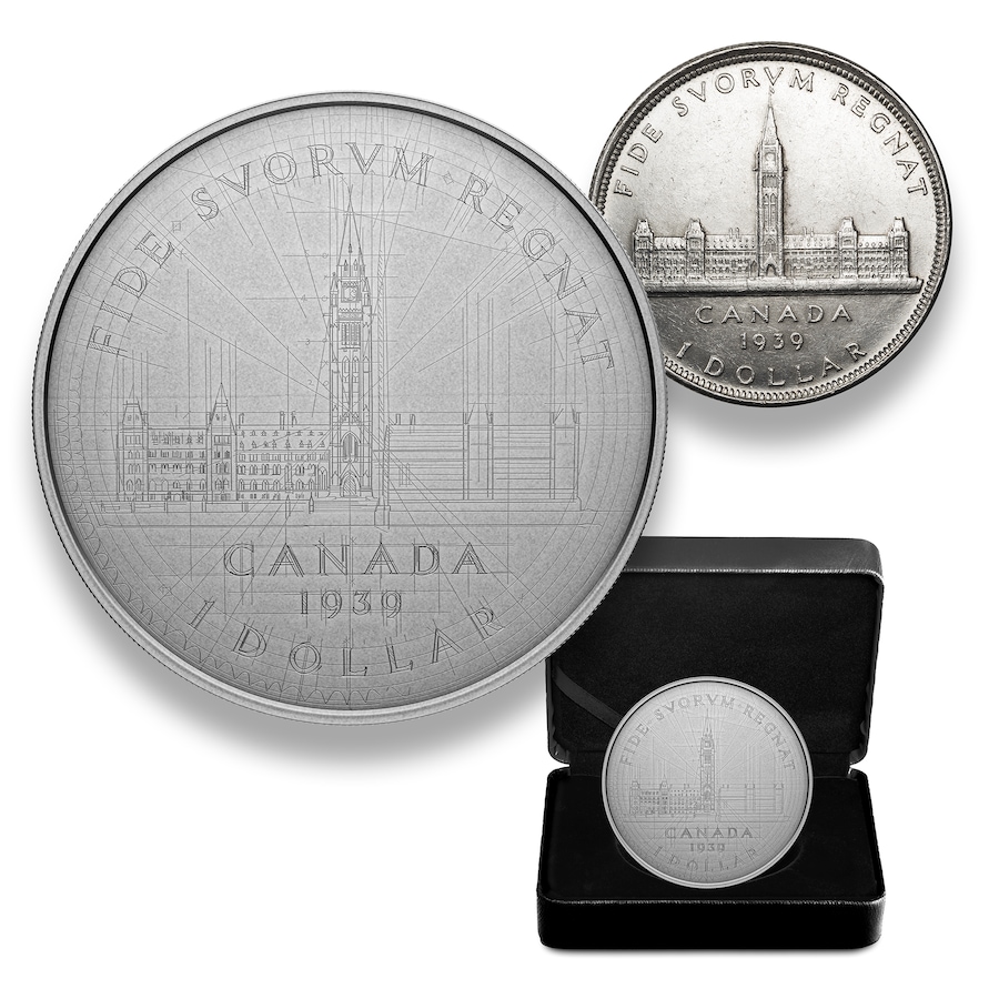 Image 742568.jpg, Product 742-568 / Price $999.95, 2024 Five-Ounce Fine Silver 1939 Silver Dollar Sketch Design with Exclusive Bonus Original 1939 Silver Dollar from Royal Canadian Mint (RCM) on TSC.ca's Coins department