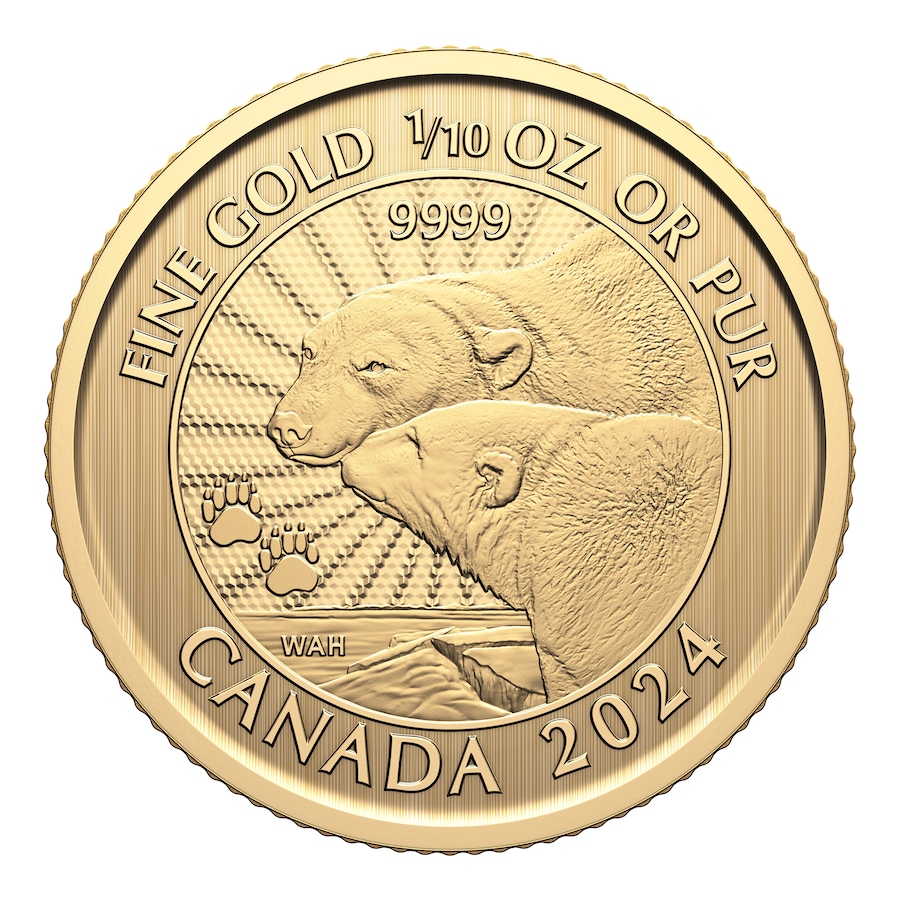 Image 742572.jpg, Product 742-572 / Price $459.95, 2024 One-Tenth-Ounce $5 Pure Gold Coin: Majestic Polar Bears from Royal Canadian Mint (RCM) on TSC.ca's Coins department